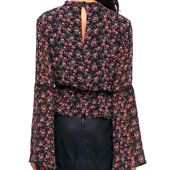 Lulus Boho Blouse Bell Sleeve with Crochet Lace Details Peplum Style High Neck - Picture 7 of 14